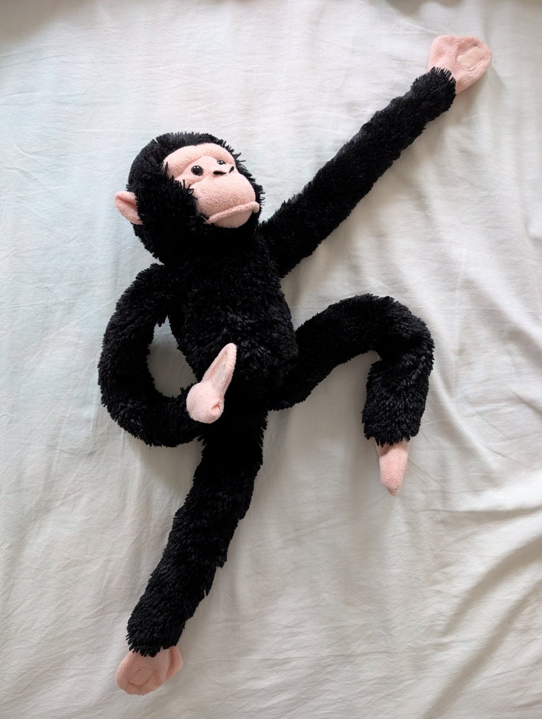 Panzè, lo scimpanzé di peluche nero, in posa da salto